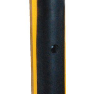 The Vestil Structural Rack Guard W/Bumper 36 Height is a vertical, cylindrical safety bollard with a yellow base and black rubber padding. It features circular holes along its length for superior impact protection against potential collisions against a plain white background.