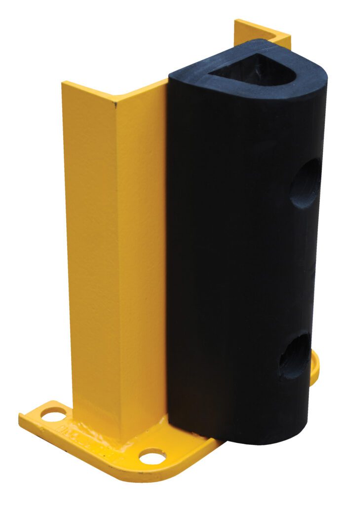 G8-12-B_A.jpg The Vestil Structural Rack Guard W/Bumper 12 Height is a yellow metal bracket with a black, rubber-like buffer. Displayed on a white background, it stands 12 inches tall and has two holes at its base for secure mounting.