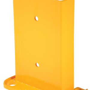 The Vestil Structural Rack Guard 8 In C Channel 12H is a yellow metal bracket with a flat base featuring two circular holes and an 8-inch vertical channel. Its ideal for protecting structures and is displayed on a pristine white background.