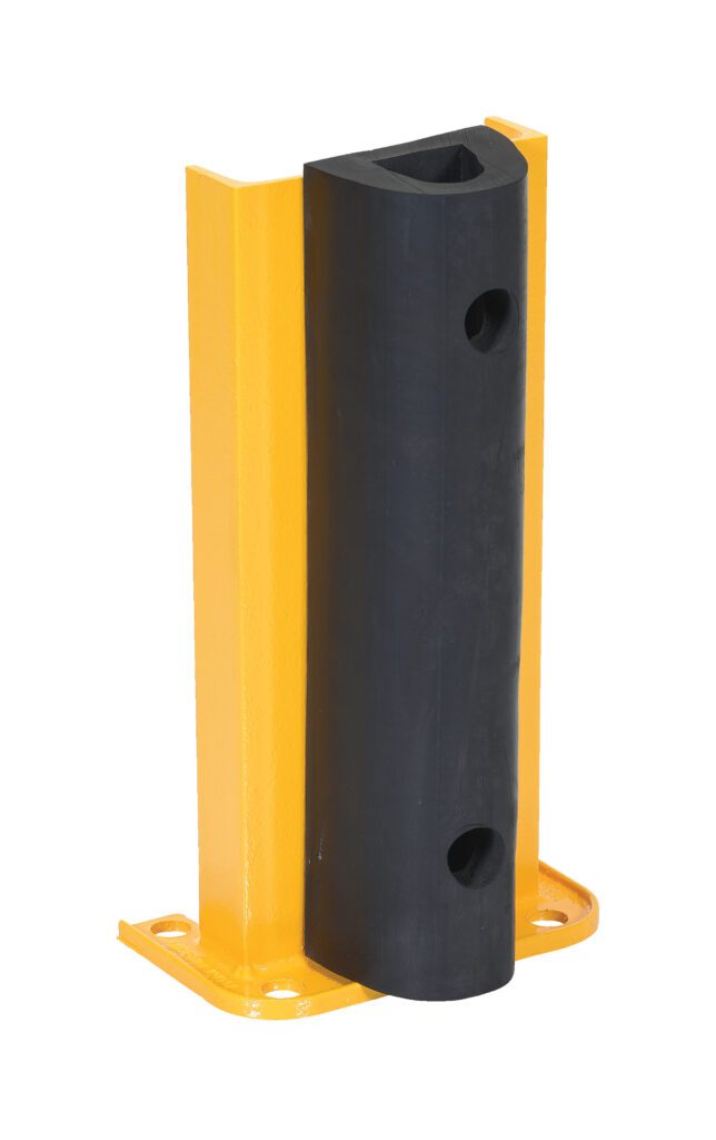 The Vestil Structural Rack Guard W/Bumper 18 Height features a yellow L-shaped bracket with a vertical black rubber bumper, stands 18 inches tall, includes two mounting holes, and has a flat base with two additional holes for floor attachment.