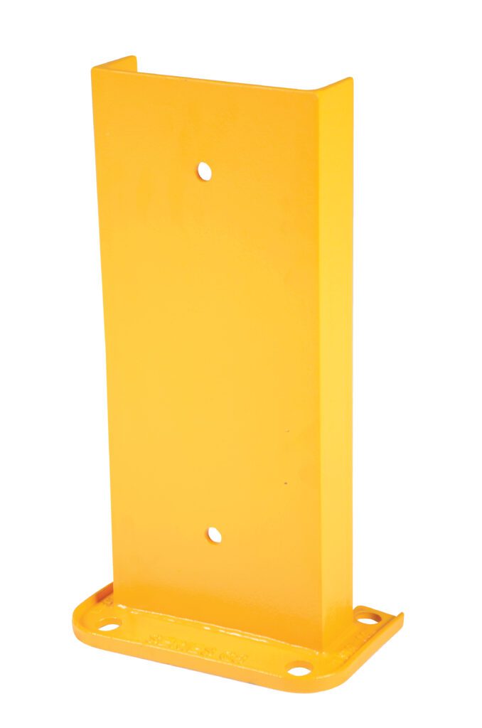 G8-18_A.jpg The Vestil Structural Rack Guard 8 In C Channel 18H is a durable yellow metal bracket with a rectangular shape, featuring four holes—two centered vertically and two at the base—for easy mounting or support. Its flat base and vertical design enhance stability.