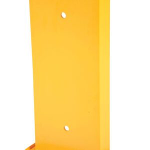 The Vestil Structural Rack Guard 8 In C Channel 18H is a durable yellow metal bracket with a rectangular shape, featuring four holes—two centered vertically and two at the base—for easy mounting or support. Its flat base and vertical design enhance stability.