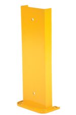 A yellow metal bracket similar to the Vestil Structural Rack Guard 8 In C Channel 24H features a rectangular base with two pre-drilled holes and stands upright against a white background, highlighting its robust design.