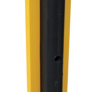 The Vestil Structural Rack Guard W/Bumper 36 Height is yellow and black, 36 inches tall, made of metal and hard plastic for safety and impact protection. It features mounting holes at the base for easy installation.