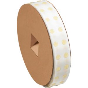 A large roll of 1/2 Medium Tack Glue Dots® on a Dot Shot® cardboard reel has 600 medium profile dots, evenly spaced on a translucent strip and visible from the side, with a triangular cutout in the core.