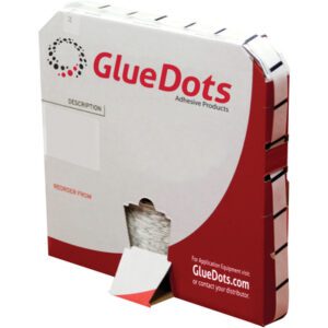 A box of 1/2 Medium Tack Glue Dots® (2000/Roll) features medium-profile adhesive. The red and white packaging includes branding text, a small opening to view the adhesive, contact information, and a web address.