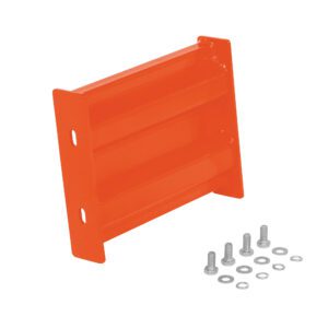 The Vestil Bolt-On Style Guard Rail 1 Ft Orange, featuring a unique ridged design, is displayed with silver screws and washers on a white background, highlighting its sturdy assembly components.