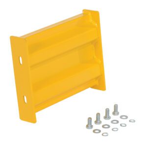 The Vestil Bolt-On Style Guard Rail 1 Ft Yellow is a rectangular metal bracket featuring two horizontal ridges, accompanied by six screws and washers, all set on a white surface.