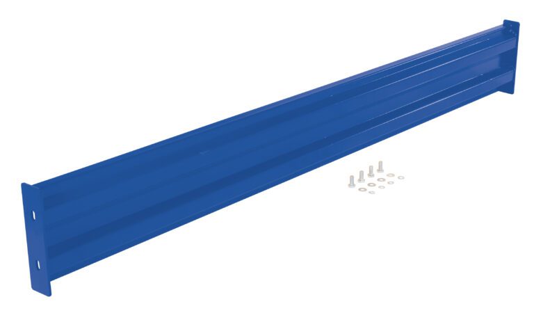 GR-F2R-BO-10-BU_A.jpg A long blue metal bracket, similar to a Vestil Bolt-On Style Guard Rail 10 Ft Blue, with mounting holes at each end, is positioned diagonally with screws and washers on a white background.