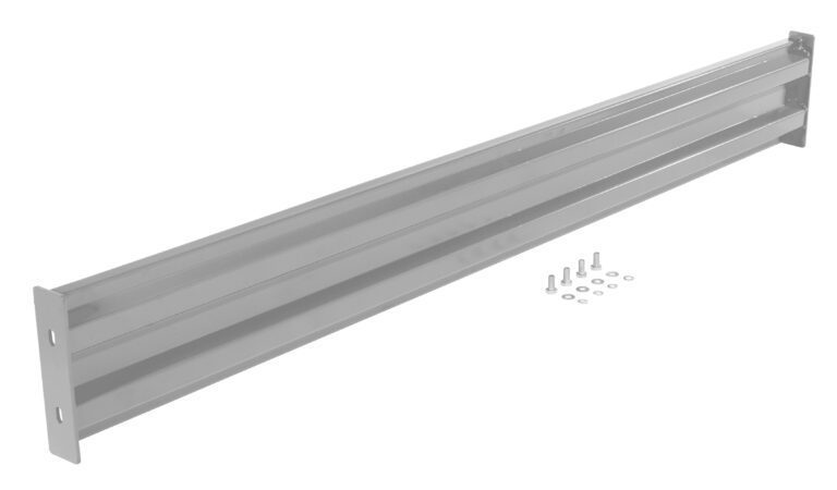 A long, silver bracket with mounting holes, styled like a Vestil Bolt-On Style Guard Rail 10 Ft Silver, is shown with screws and washers on a pristine white background.
