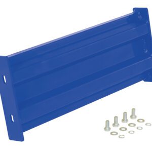 The Vestil Bolt-On Style Guard Rail 2 Ft Blue is rectangular and has two mounting holes on each end, accompanied by six bolts with washers on a pristine white background.
