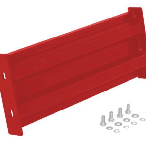 A red metal bracket from the Vestil Bolt-On Style Guard Rail 2 Ft Red series, rectangular in shape and with two mounting holes at each end, is placed next to a few screws, washers, and nuts on a white background.