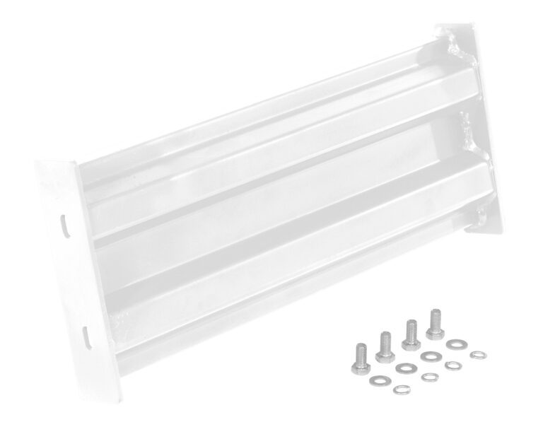 GR-F2R-BO-2-WT_A.jpg A robust metal shelf bracket with a slotted design, resembling the Vestil Bolt-On Style Guard Rail 2 Ft White. It includes screws, washers, and nuts organized alongside it, and each side has two mounting holes for easy installation.