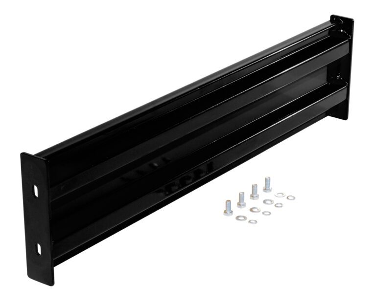 Displayed is a black, rectangular metal bracket with flanges, resembling the Vestil Bolt-On Style Guard Rail 4 Ft Black, accompanied by six neatly arranged silver bolts and washers. It appears designed for mounting or securing purposes.