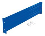 The Vestil Bolt-On Style Guard Rail 4 Ft Blue, a blue metal shelf bracket with a rectangular design, features mounting holes on each vertical end and includes four bolts and washers, all displayed against a clean white background.