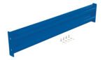 An upright blue steel bracket with three grooves, similar to the Vestil Bolt-On Style Guard Rail 5 Ft Blue, is displayed against a white background with six screws and washers beside it.