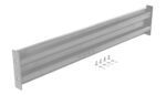 The metal bracket resembles a Vestil Bolt-On Style Guard Rail 5 Ft Silver and sits diagonally with mounting holes. In front, screws and washers complement its smooth, reflective surface featuring ridges for added strength and stability.