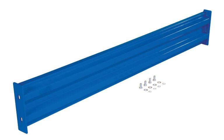 A vibrant blue Vestil Bolt-On Style Guard Rail, 6 ft long, includes holes on each end for secure installation with six bolts and washers arranged in two rows beside it.