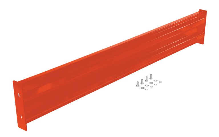 An orange shelf bracket similar to the Vestil Bolt-On Style Guard Rail 6 Ft Orange features a long rectangle with mounting holes at both ends, while screws and washers are neatly set beneath on a white background.