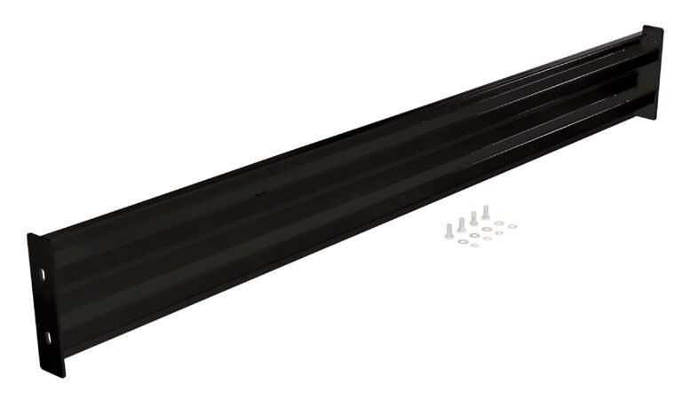 The Vestil Bolt-On Style Guard Rail 8 Ft Black has a metal brace bar with mounting holes on each end and includes screws and washers for easy installation, shown on a white background.