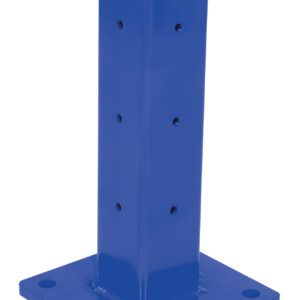 The Vestil Rigid Tube Post 18 In Bolt-On Style Blue is a square metal bollard with a flat top, featuring evenly spaced holes on its front and mounted on a square base for easy ground installation.