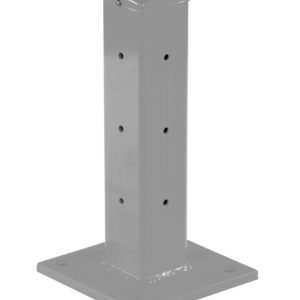 The Vestil Rigid Tube Post 18 In Bolt-On Style Silver Lining is a gray, 18-inch metal square with a flat base and rounded top. It features vertical holes and four boltholes for mounting, ideal for structural use. Its silver lining enhances its industrial appeal.