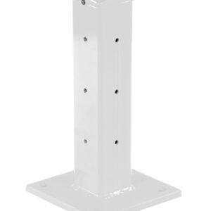 The Vestil Rigid Tube Post 18 In Bolt-On Style White is a metal pedestal with a square base and corner holes. It stands 18 inches tall, has a rounded top, and multiple small holes along its height.
