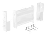 The Vestil Drop-In Style Guard Rail 1 Ft White includes a central rectangular piece with two side brackets, alongside six bolts and washers, all displayed on a plain white background.