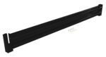 The long black metal bar, similar to the Vestil Drop-In Style Guard Rail 10 Ft Black, features dual parallel rails and mounting brackets on each end. Nearby lie screws and washers ready for installation or assembly.