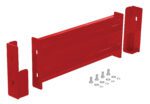 A red metal shelf with side brackets, screws, and washers aligned on a white background resembles the sturdy and easy-to-assemble Vestil Drop-In Style Guard Rail 2 Ft Red.