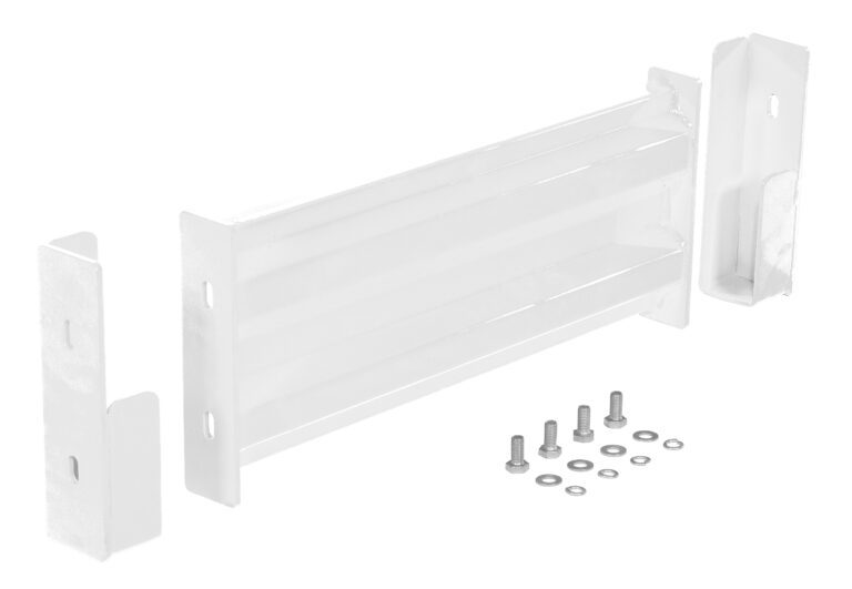 White metal mount brackets, similar to the Vestil Drop-In Style Guard Rail 2 Ft White, include screws and washers on a clean white background, featuring a large central bracket with two smaller end brackets.
