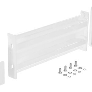 White metal mount brackets, similar to the Vestil Drop-In Style Guard Rail 2 Ft White, include screws and washers on a clean white background, featuring a large central bracket with two smaller end brackets.