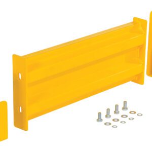 The Vestil Drop-In Style Guard Rail 2 Ft Yellow offers a ribbed long rail and bracket-like ends, and includes eight small bolts and washers for easy assembly, combining safety with style.