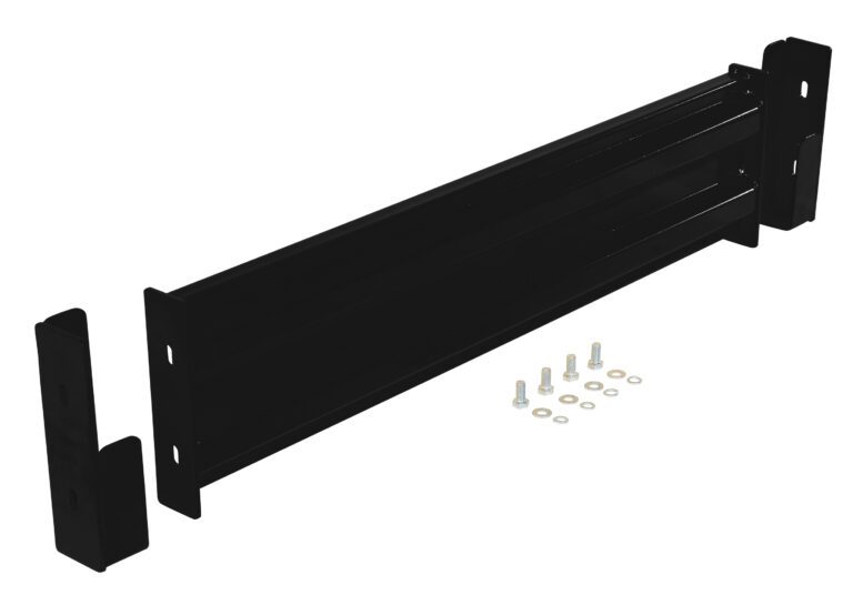 GR-F2R-DI-4-BK_A.jpg A Vestil Drop-In Style Guard Rail 4 Ft Black set is showcased against a white backdrop, complete with six bolts and washers for assembly.