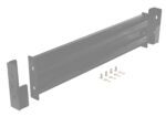 The Vestil Drop-In Style Guard Rail 4 Ft Gray Semi Gloss includes a rectangular metal bracket with two vertical mounts, screws, and washers. It features side holes for easy alignment, with all hardware neatly arranged below.