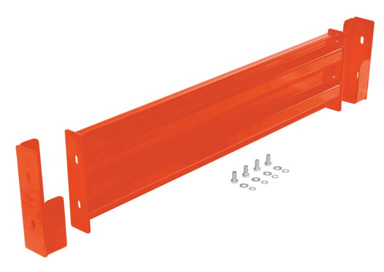 A set of orange metal brackets with a long horizontal beam and two vertical supports, similar to the sturdy Vestil Drop-In Style Guard Rail 4 Ft Orange, includes screws and washers for easy assembly or mounting.