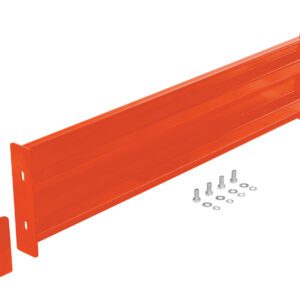 A set of orange metal brackets with a long horizontal beam and two vertical supports, similar to the sturdy Vestil Drop-In Style Guard Rail 4 Ft Orange, includes screws and washers for easy assembly or mounting.