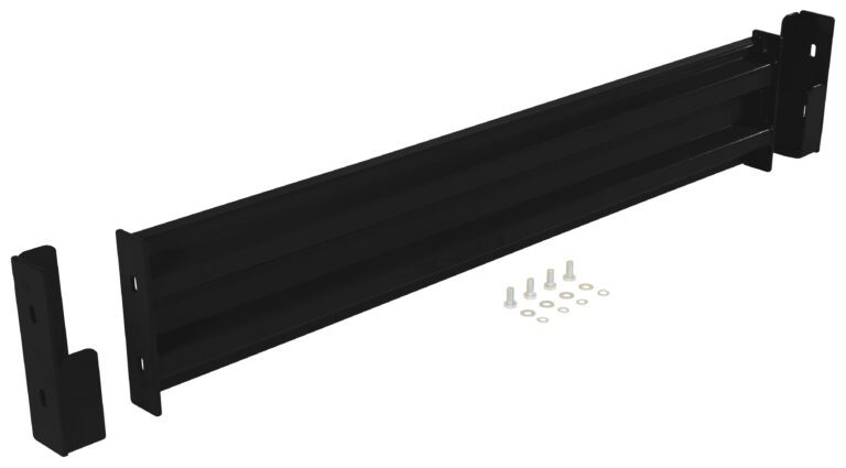 GR-F2R-DI-5-BK_A.jpg A black metal bracket with two end pieces resembles the Vestil Drop-In Style Guard Rail 5 Ft, and is designed for mounting or support. It includes several bolts and washers, all pictured against a plain white background.