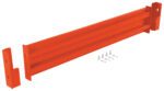 The Vestil Drop-In Style Guard Rail 5 Ft Orange features a metal beam with a rectangular, ridged design and includes two horizontally positioned mounting brackets, screws, and washers for assembly.