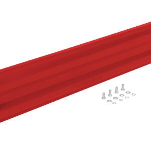 The Vestil Drop-In Style Guard Rail 5 Ft Red includes a metal bracket with a horizontal component, grooves, two vertical ends, and comes with six small screws and washers for easy assembly, ensuring sturdy protection.