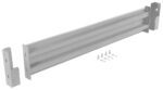 A silver metal bracket with a rectangular frame and parallel grooves, similar to the Vestil Drop-In Style Guard Rail 5 Ft Silver, comes with a smaller L-shaped bracket on the left. Six screws and washers are positioned in front for easy assembly.