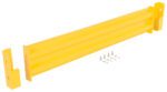 The Vestil Drop-In Style Guard Rail 5 Ft Yellow is depicted with two end brackets and several screws and washers, showcasing its rectangular cross-section and mounting slots, all isolated against a white background.