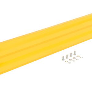 The Vestil Drop-In Style Guard Rail 5 Ft Yellow is depicted with two end brackets and several screws and washers, showcasing its rectangular cross-section and mounting slots, all isolated against a white background.