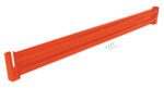 Displayed is an orange metal rack or beam similar to the Vestil Drop-In Style Guard Rail 8 Ft Orange. It has a rectangular shape with grooved edges, includes six screws and washers for assembly, and is set against a white background.