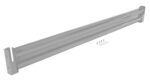 An 8 ft polished metallic beam, similar to the Vestil Drop-In Style Guard Rail Silver, lies diagonally on a white background. Two end brackets and installation hardware, including screws and washers, are placed beside it.