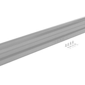 An 8 ft polished metallic beam, similar to the Vestil Drop-In Style Guard Rail Silver, lies diagonally on a white background. Two end brackets and installation hardware, including screws and washers, are placed beside it.