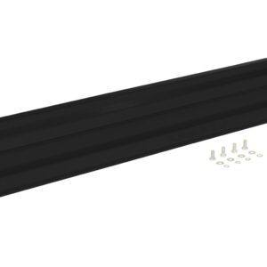 A black, elongated metal wall mount bracket with several horizontal grooves prominently resembles the 9 Ft Vestil Drop-In Style Guard Rail. It comes with numerous screws and washers, ready for assembly.