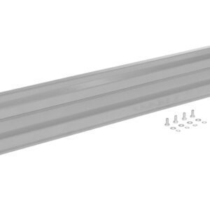 A long, rectangular metal bracket with reinforced ridges, like the Vestil Drop-In Style Guard Rail 9 Ft Silver, includes screws and washers for mounting or support and is shown on a plain white background.
