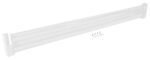 The white, adjustable security bar, resembling a Vestil Drop-In Style Guard Rail, includes mounting brackets and all necessary screws and washers for easy installation. Designed to fit securely in various window sizes.