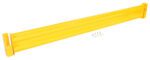 A Vestil Drop-In Style Guard Rail 9 Ft Yellow metal beam lies nearby, complete with two rectangular end plates. Small screws and washers hint at its readiness for assembly, and its designed for mounting or support purposes.